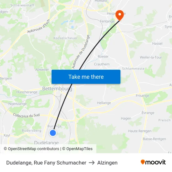 Dudelange, Rue Fany Schumacher to Alzingen map