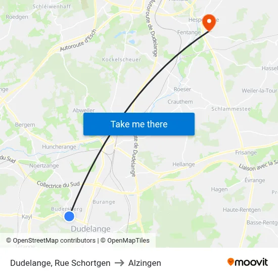 Dudelange, Rue Schortgen to Alzingen map