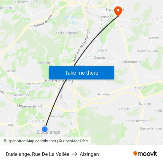 Dudelange, Rue De La Vallée to Alzingen map