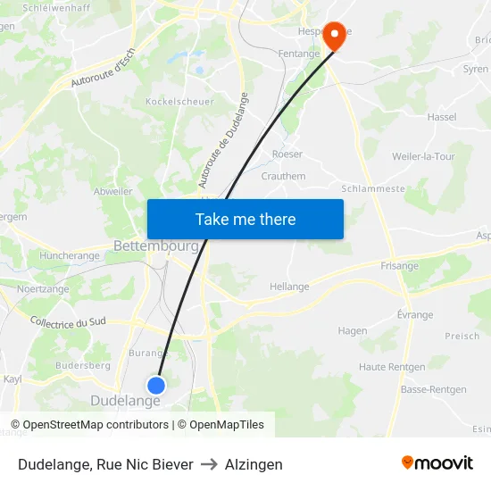 Dudelange, Rue Nic Biever to Alzingen map
