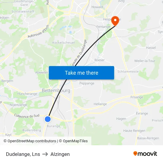 Dudelange, Lns to Alzingen map