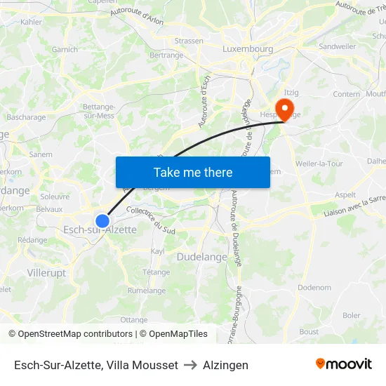Esch-Sur-Alzette, Villa Mousset to Alzingen map