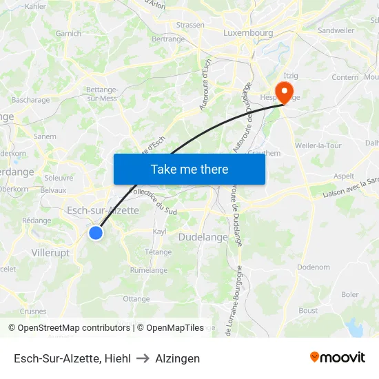 Esch-Sur-Alzette, Hiehl to Alzingen map