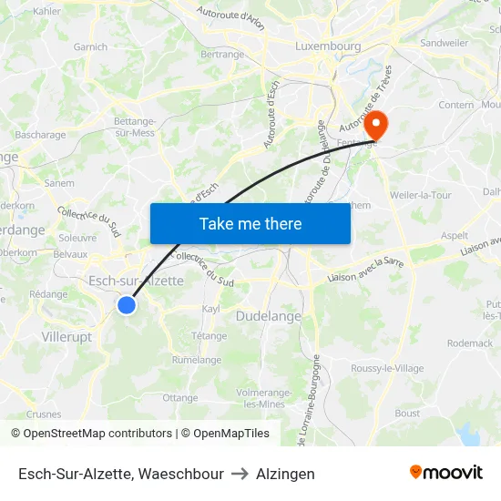 Esch-Sur-Alzette, Waeschbour to Alzingen map