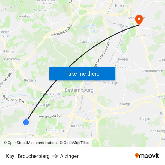 Kayl, Broucherbierg to Alzingen map