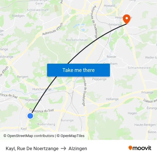 Kayl, Rue De Noertzange to Alzingen map