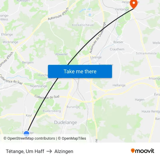 Tétange, Um Haff to Alzingen map