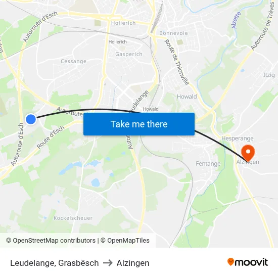 Leudelange, Grasbësch to Alzingen map