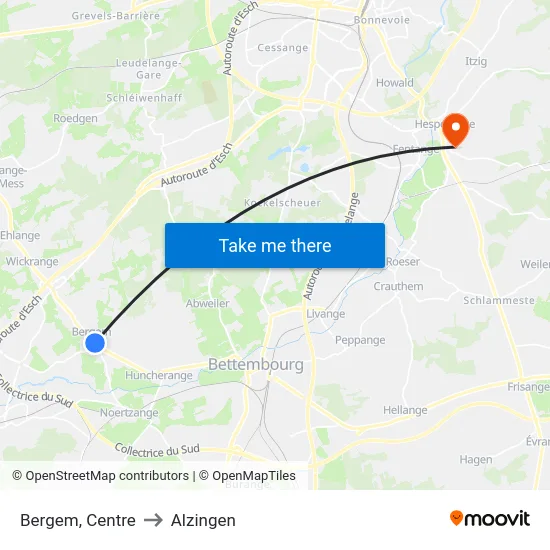 Bergem, Centre to Alzingen map