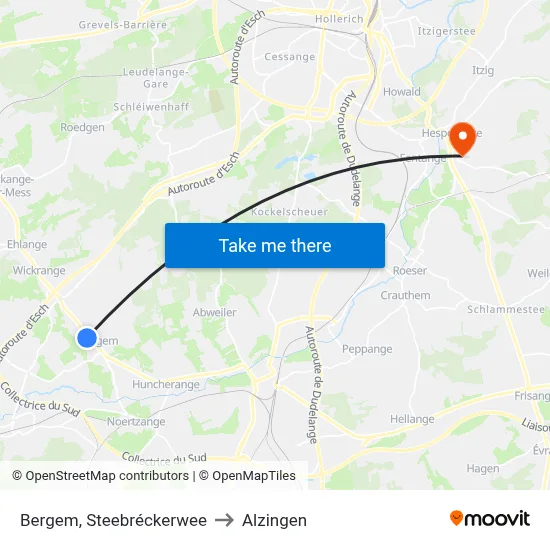 Bergem, Steebréckerwee to Alzingen map