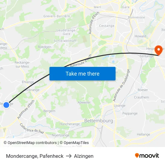 Mondercange, Pafenheck to Alzingen map