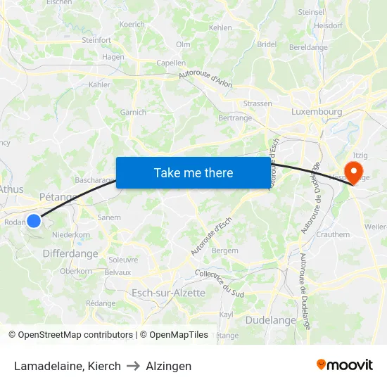 Lamadelaine, Kierch to Alzingen map