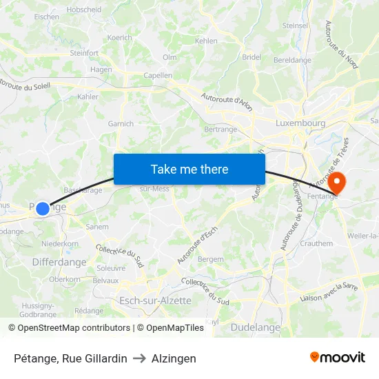 Pétange, Rue Gillardin to Alzingen map