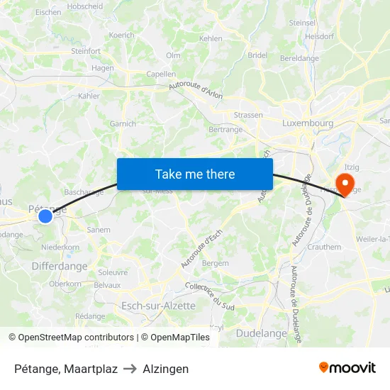 Pétange, Maartplaz to Alzingen map