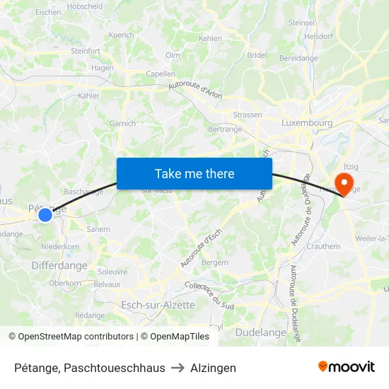 Pétange, Paschtoueschhaus to Alzingen map