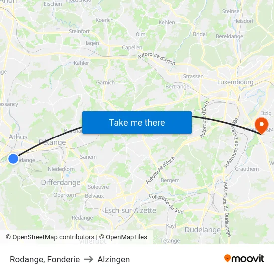 Rodange, Fonderie to Alzingen map