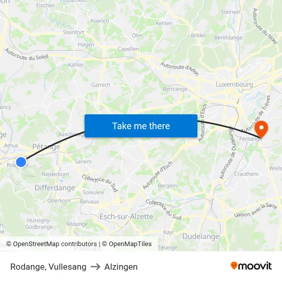 Rodange, Vullesang to Alzingen map