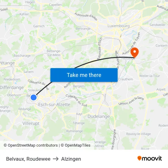 Belvaux, Roudewee to Alzingen map