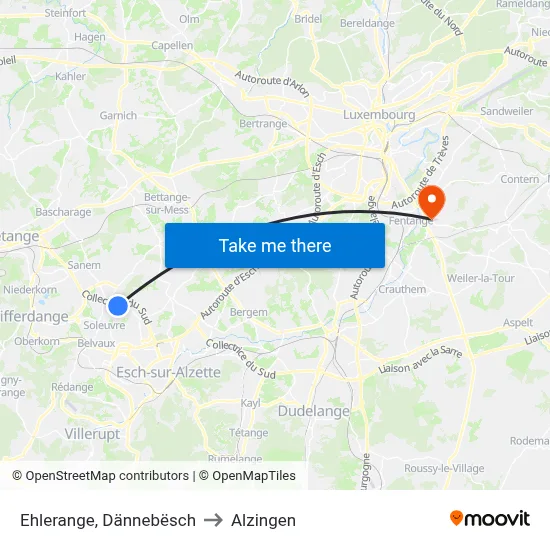 Ehlerange, Dännebësch to Alzingen map