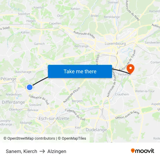 Sanem, Kierch to Alzingen map