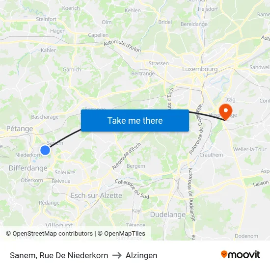 Sanem, Rue De Niederkorn to Alzingen map