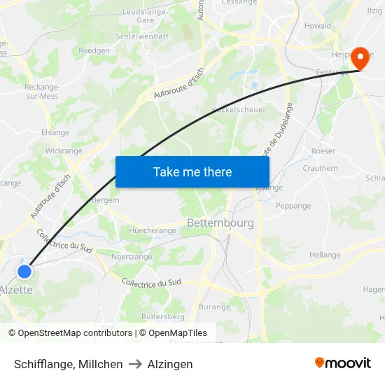 Schifflange, Millchen to Alzingen map