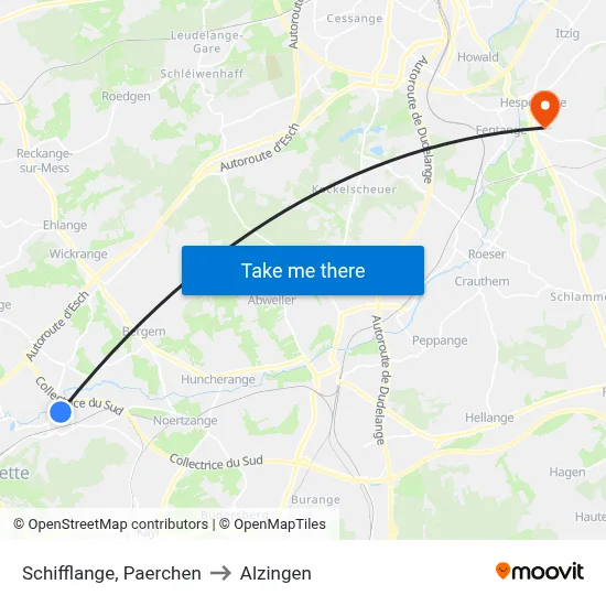 Schifflange, Paerchen to Alzingen map