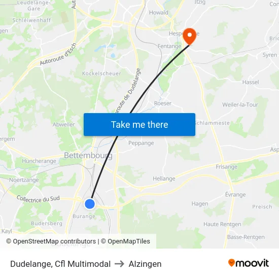 Dudelange, Cfl Multimodal to Alzingen map