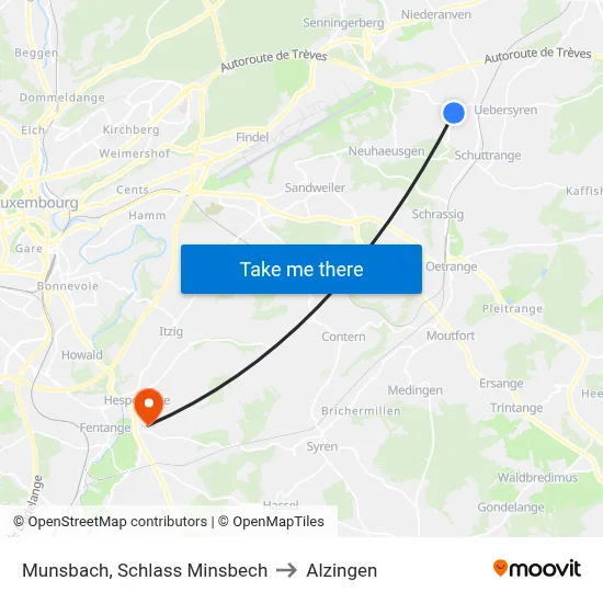 Munsbach, Schlass Minsbech to Alzingen map