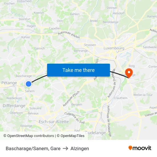 Bascharage/Sanem, Gare to Alzingen map