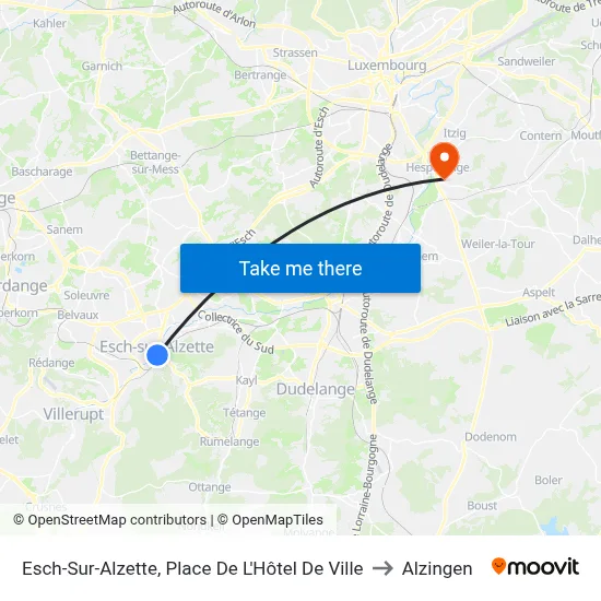 Esch-Sur-Alzette, Place De L'Hôtel De Ville to Alzingen map