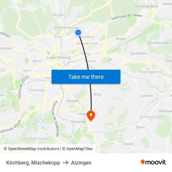 Kirchberg, Mischekopp to Alzingen map