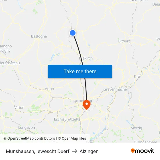 Munshausen, Iewescht Duerf to Alzingen map