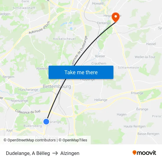Dudelange, A Bëlleg to Alzingen map
