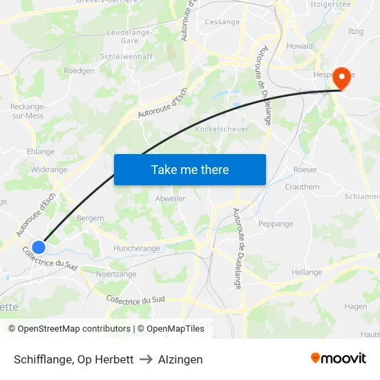 Schifflange, Op Herbett to Alzingen map