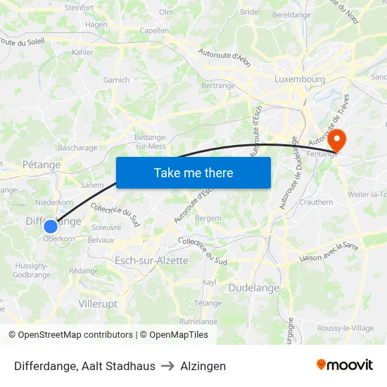 Differdange, Aalt Stadhaus to Alzingen map
