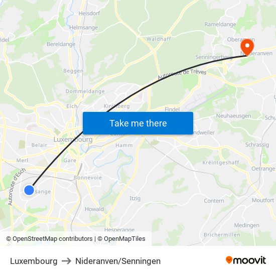 Luxembourg to Nideranven/Senningen map