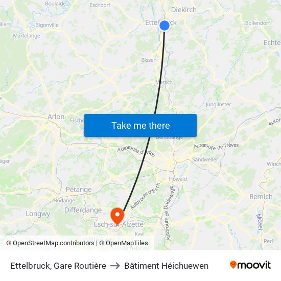 Ettelbruck, Gare Routière to Bâtiment Héichuewen map