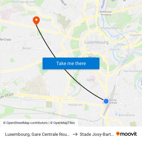 Luxembourg, Gare Centrale Routière to Stade Josy-Barthel map