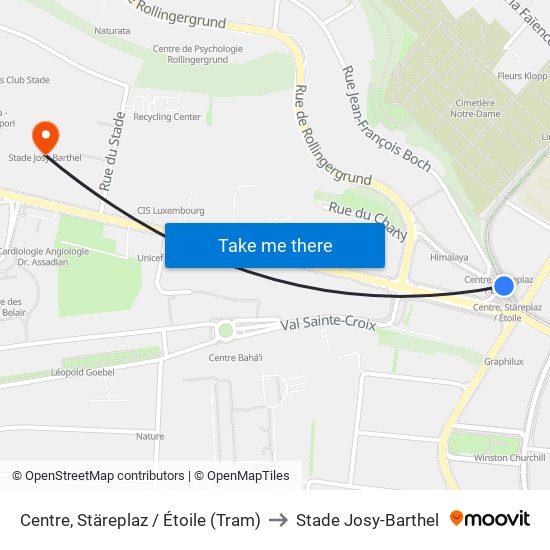 Centre, Stäreplaz / Étoile (Tram) to Stade Josy-Barthel map