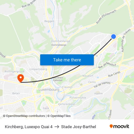Kirchberg, Luxexpo Quai 4 to Stade Josy-Barthel map