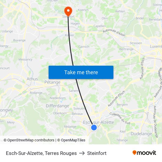 Esch-Sur-Alzette, Terres Rouges to Steinfort map