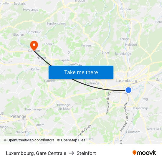 Luxembourg, Gare Centrale to Steinfort map