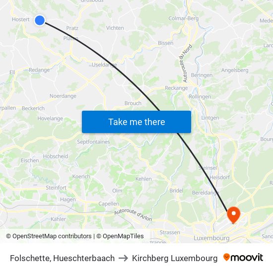 Folschette, Hueschterbaach to Kirchberg Luxembourg map