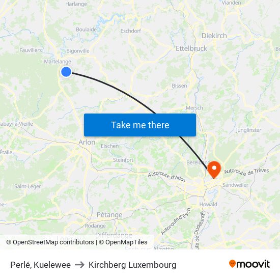 Perlé, Kuelewee to Kirchberg Luxembourg map