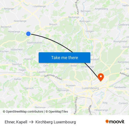 Ehner, Kapell to Kirchberg Luxembourg map