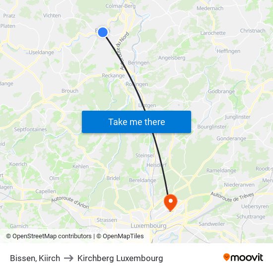 Bissen, Kiirch to Kirchberg Luxembourg map