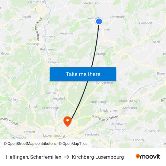 Heffingen, Scherfemillen to Kirchberg Luxembourg map