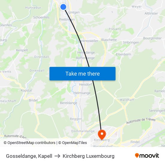 Gosseldange, Kapell to Kirchberg Luxembourg map