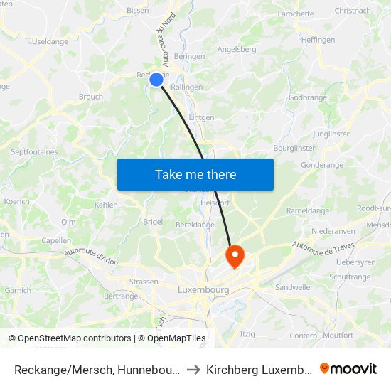 Reckange/Mersch, Hunnebourerstr. to Kirchberg Luxembourg map